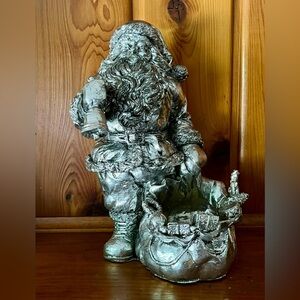 Vintage Santa Claus Figurine Shiny Silver Resin with fillable Toy Sack 10”
